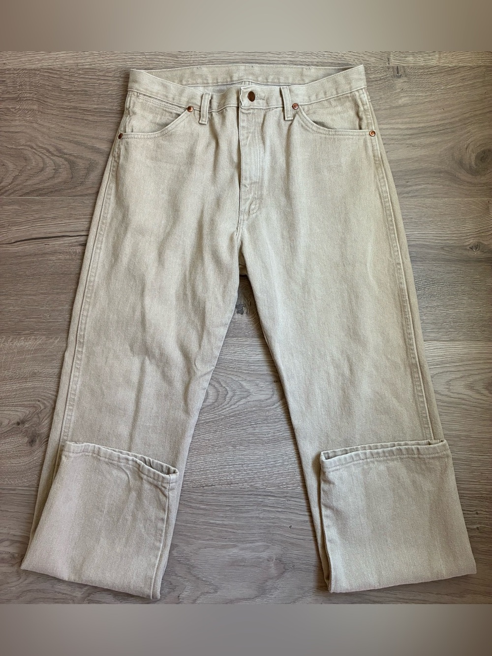 Wrangler 1013MWZTN Jeans Mens 34x32 Cowboy Cut Relaxed Fit Tan Western Denim EUC